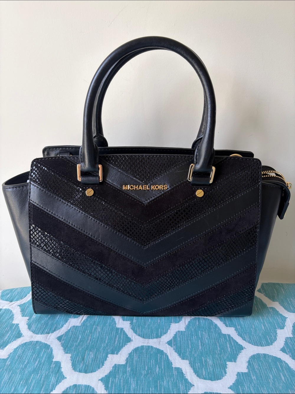 Michael Kors Black Chevron Mixed-Media Satchel